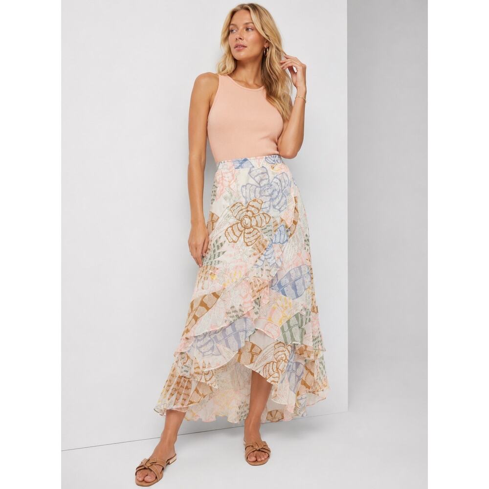 NWT WHBM Ruffle Wrap Skirt 12 Tropic Bliss Ecru High-Low Chiffon Tiered Flowy